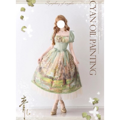 Cyans Qing Oil Painting Spring Short and Long One Piece(Leftovers/Full Payment Without Shipping)